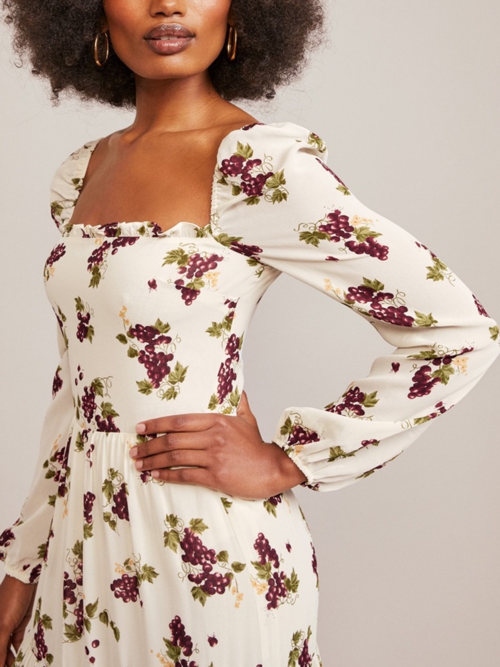 Reformation Cream Midi Dress with Burgundy Floral Print